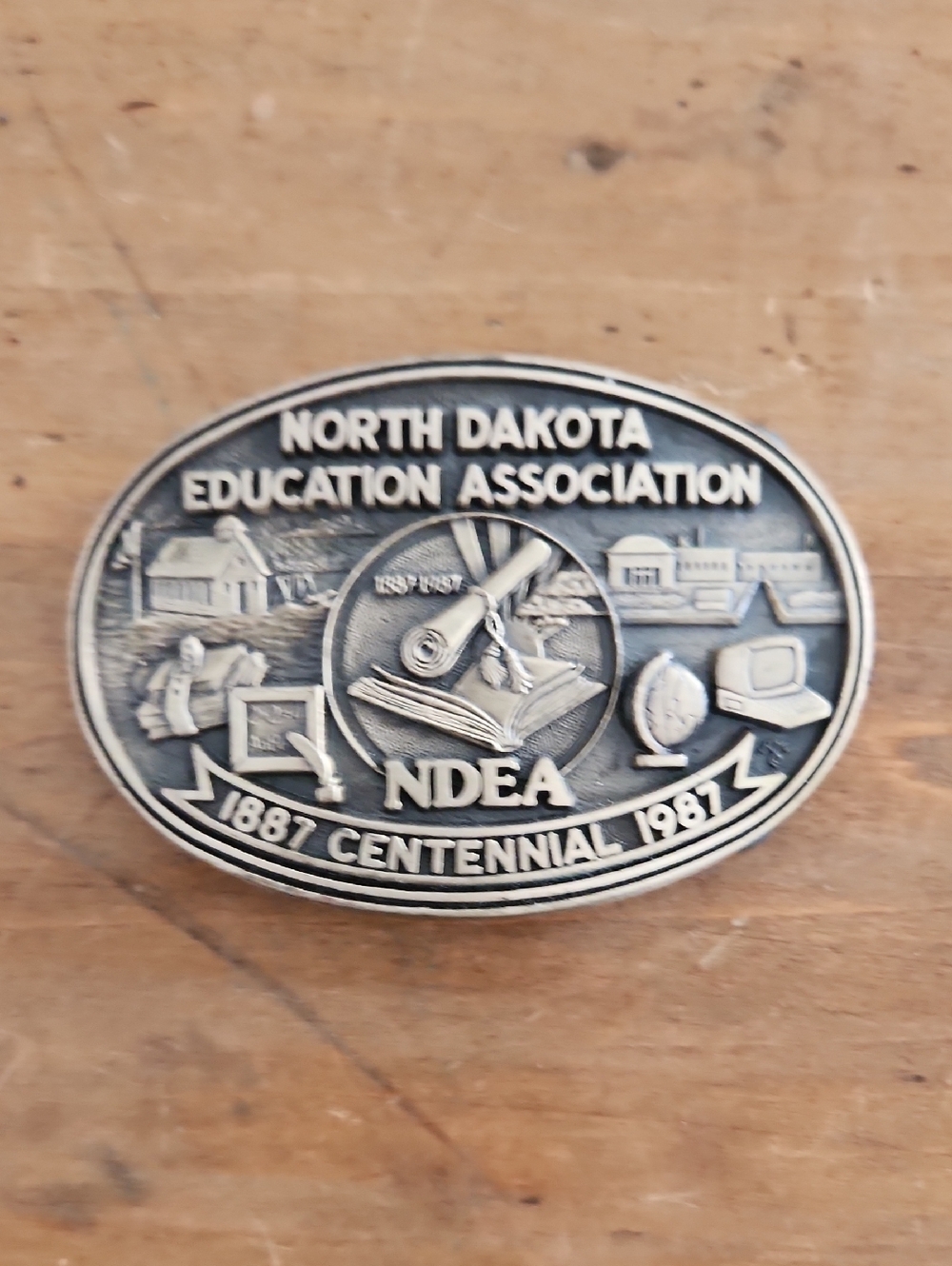 North Dakota Education Association Centennial Belt Buckle - Silver Tone
